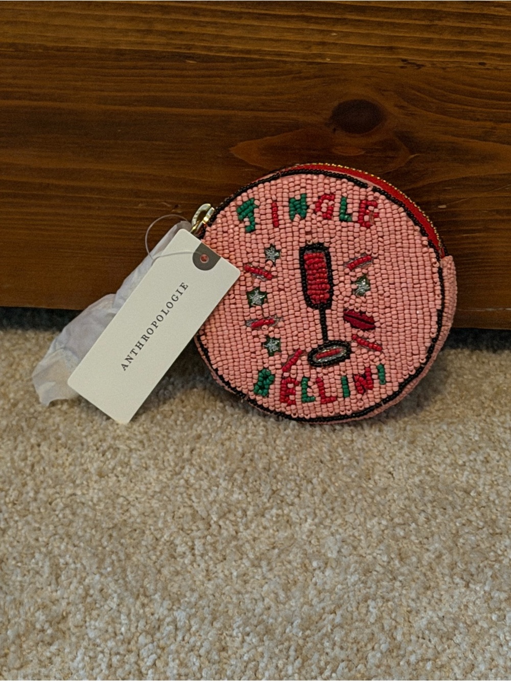 Anthropologie Pink Beaded Holiday Coin Pouch